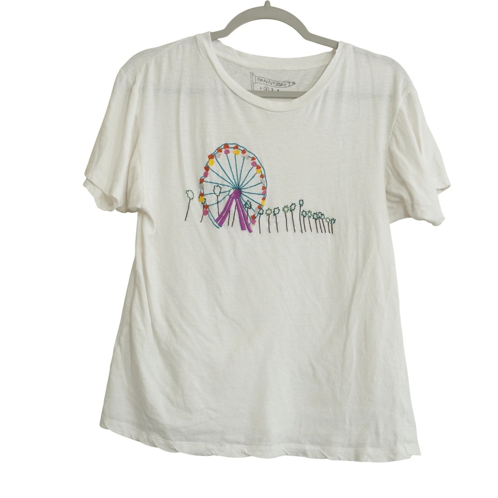 Banner Day Ferris Wheel Palm Tree Embroidered Cotton Linen White T-Shirt Size 2